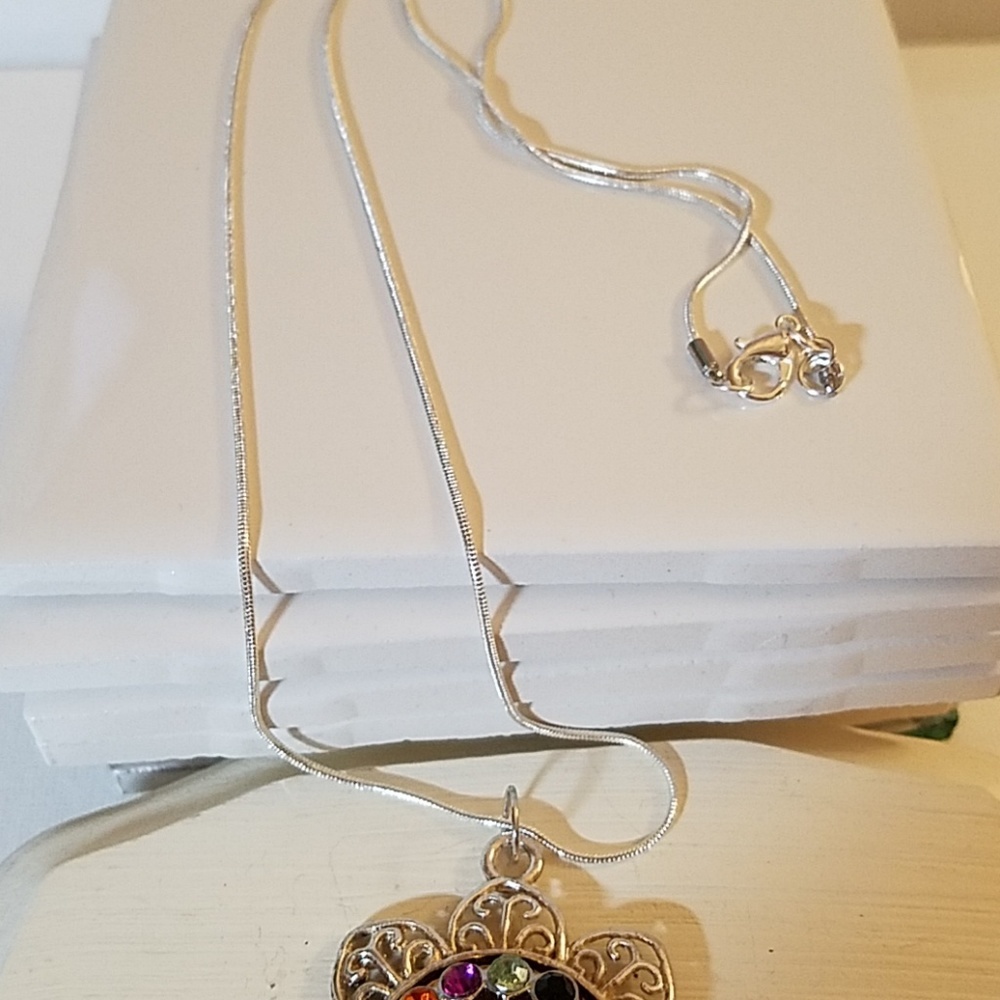 Floral Color Stone Filigree Silver Tone Necklace 24" Flower - Picture 3 of 4